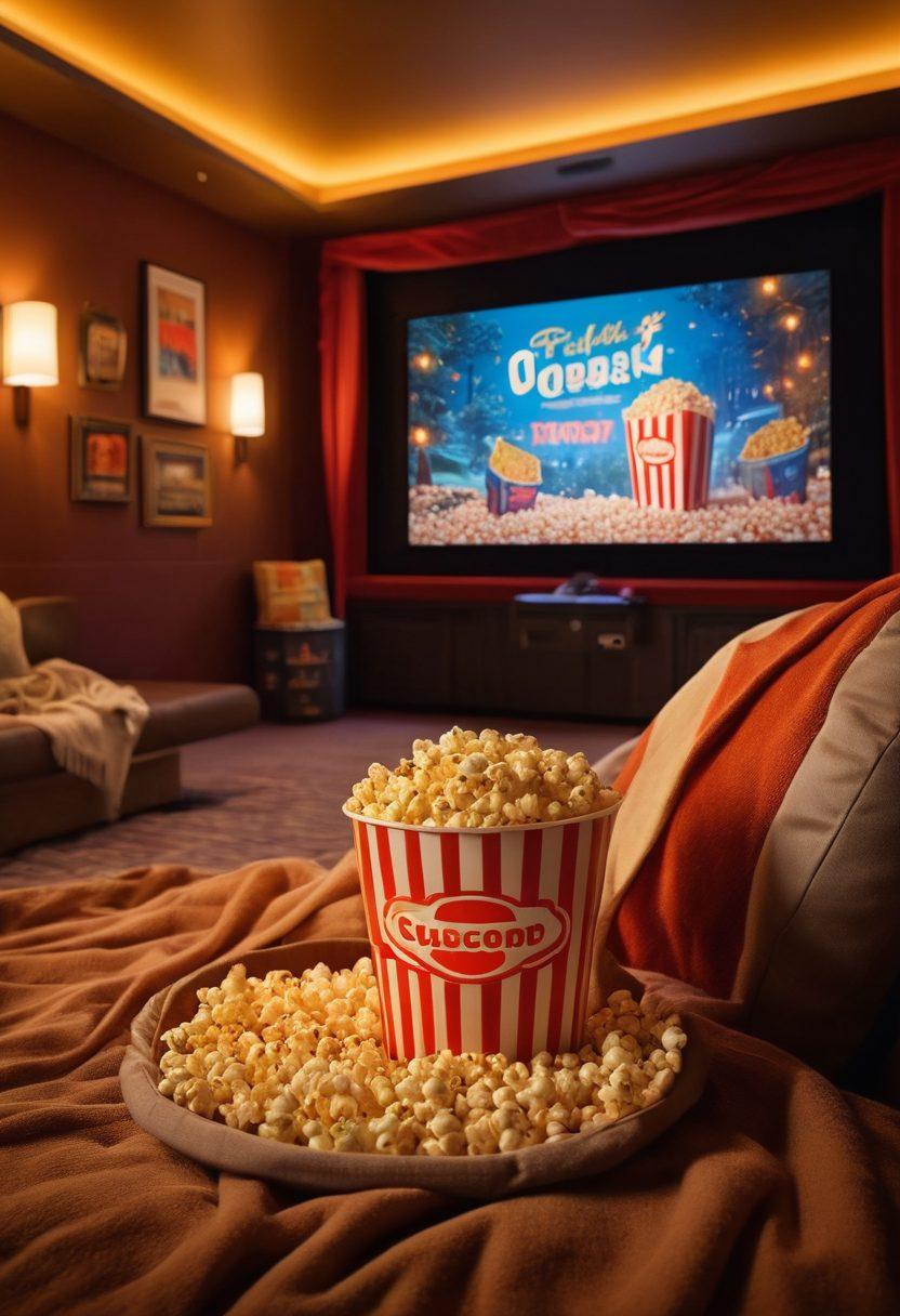 A cozy home theater scene featuring a large screen displaying a mix of blockbuster hits and lesser-known films, surrounded by popcorn bowls and comfy blankets. Include iconic movie posters in the background, a glowing marquee sign that reads 'Feel-Good Cinema', and warm ambient lighting to create a welcoming atmosphere. Ripe with emotion and nostalgia, this scene invites viewers to explore a world of joy in film. super-realistic. vibrant colors. warm lighting.