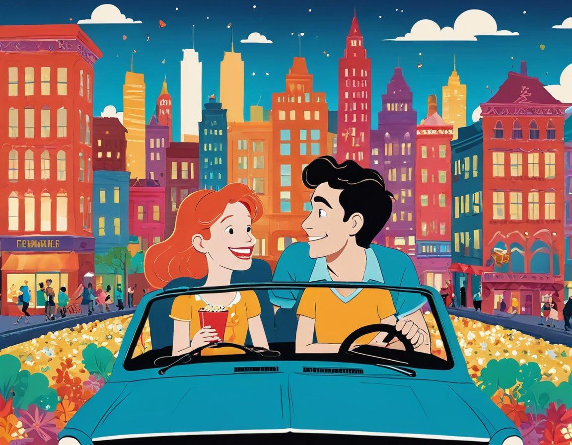 A whimsical illustration blending iconic romantic comedy scenes with beloved animated classics, showcasing characters like a smiling couple in a cityscape beside a fantastical animated world filled with vibrant creatures. Include elements such as film reels and popcorn, symbolizing cinema. Capture a sense of joy and nostalgia in a colorful palette. vibrant colors. cartoon style. dynamic composition.