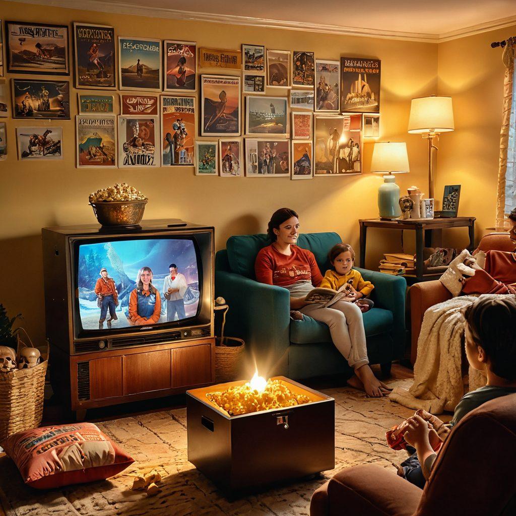 A cozy living room setting with a large vintage projector casting a warm glow, surrounded by popcorn buckets and comfy blankets. Brightly colored movie posters showcasing various feel-good films on the walls, with soft golden lighting creating a warm and inviting atmosphere. In the foreground, a cheerful family enjoying movie night together, exuding joy and laughter. super-realistic. vibrant colors. cozy ambiance.